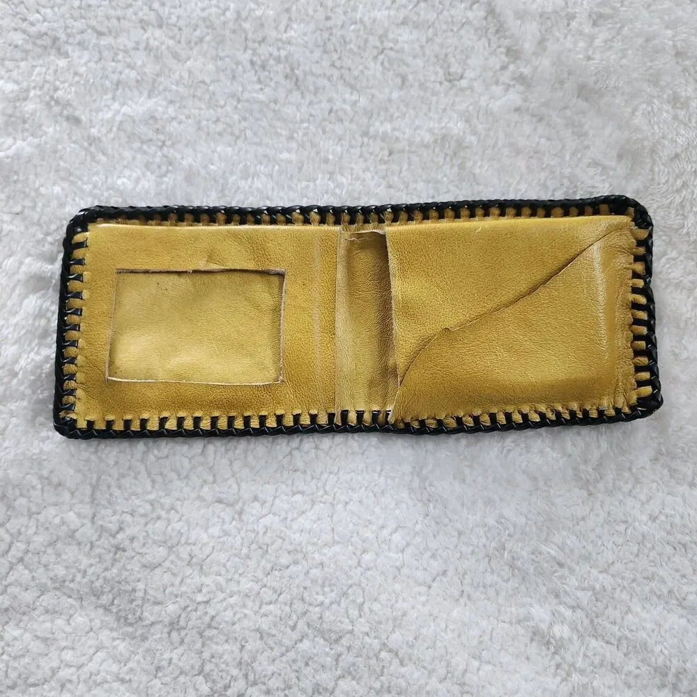 Vtg Hand Tooled Leather Braided Edge Bifold Wallet Western/Cowboy-Horse & Boots
